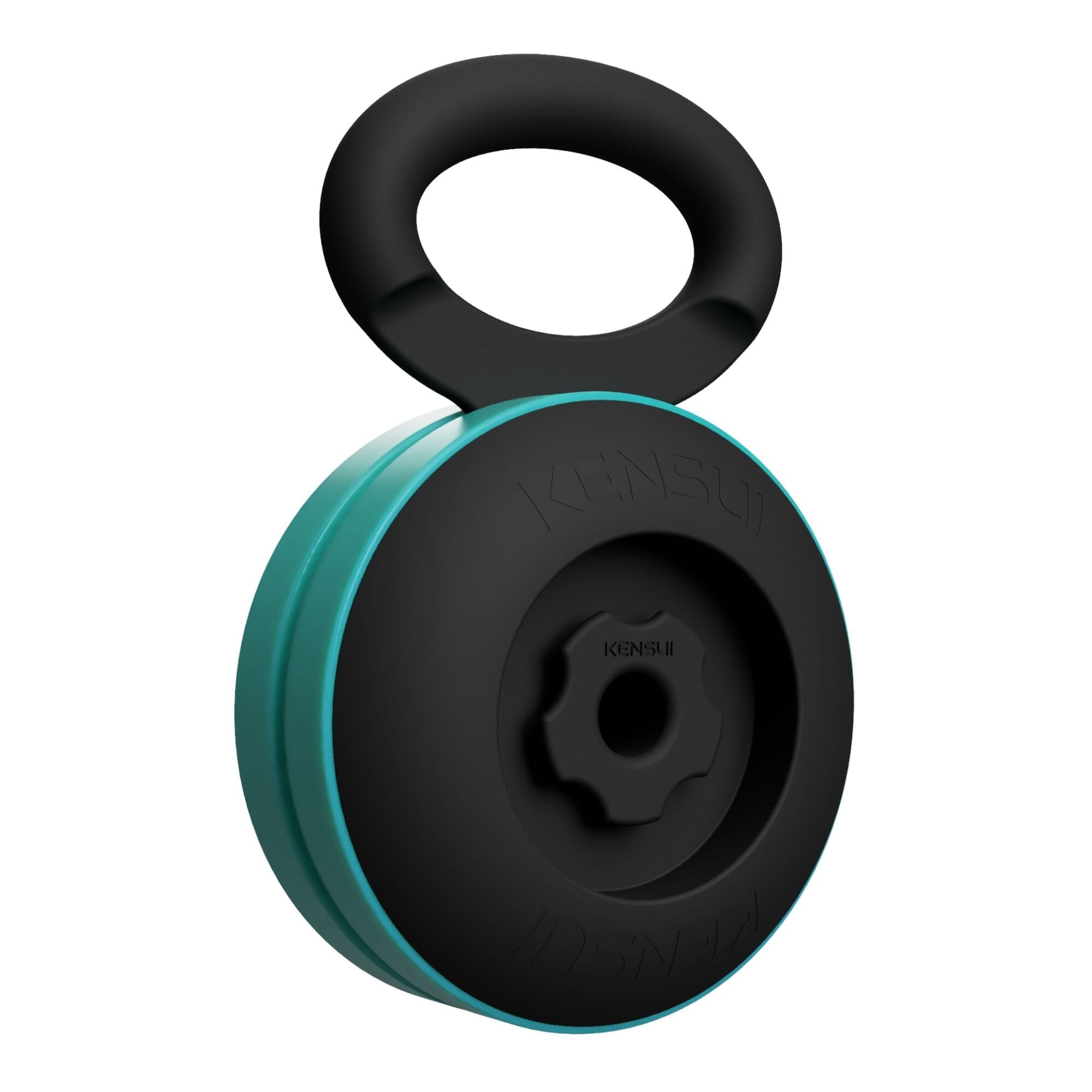 Impugnatura nera per kettlebell caricata con dischi turchesi.