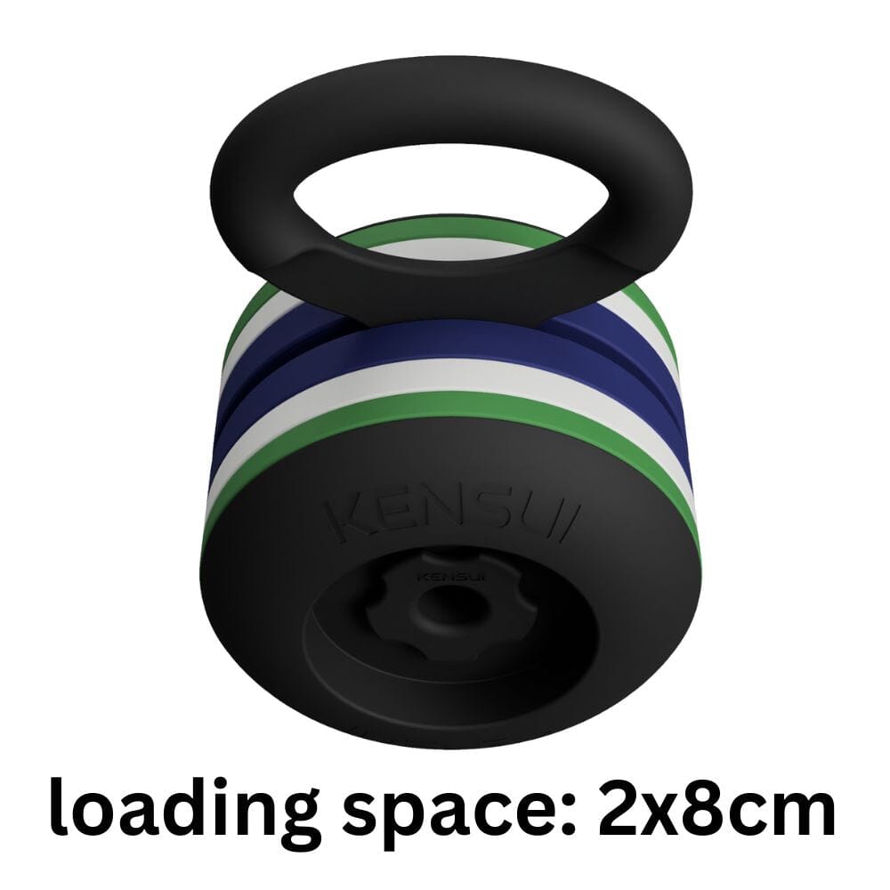 Kettlebell caricato che mostra due sezioni di caricamento da 8 cm.