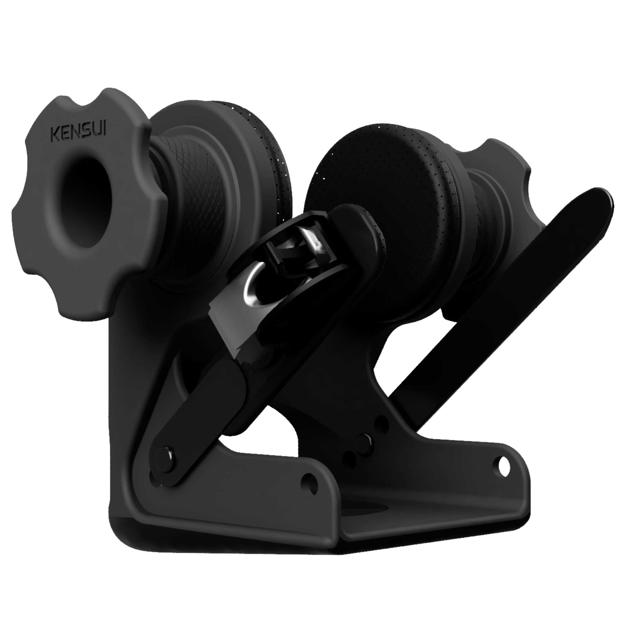 Primo piano di un accessorio nero per il piede caricabile a dischi e della fibbia di fissaggio.