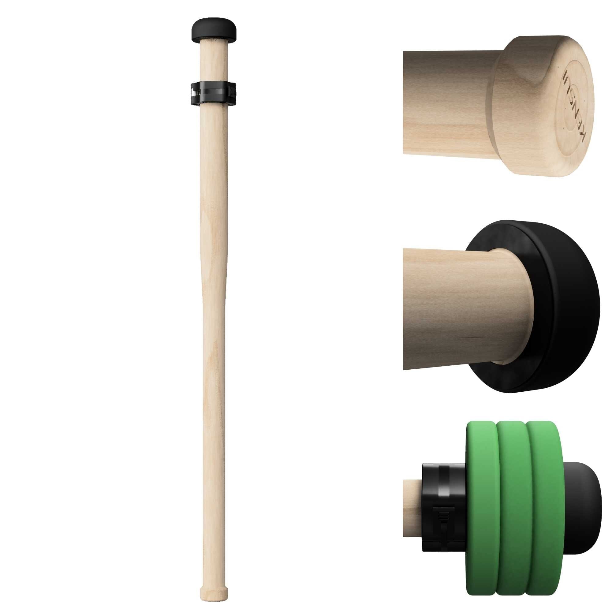 Mazza di legno con primi piani dell’impugnatura e del supporto per i dischi.
